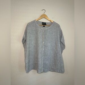 Tahari 100% Linen Blue Grey Button Down Tunic Blouse Shirt Size Small